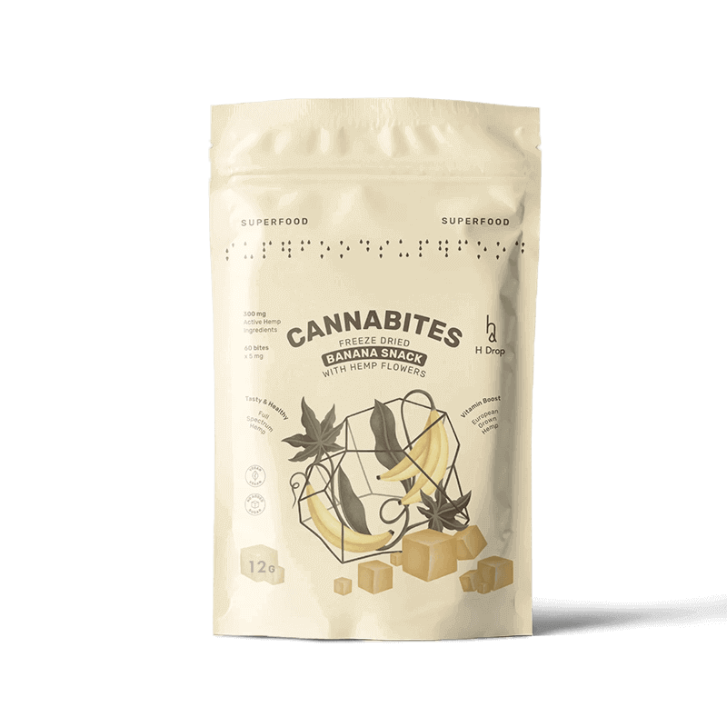 H DROP CANNABITES – Liofilizuoti Funkciniai Bananų Kubeliai su Kanapių Žiedais H DROP CANNABITES – Liofilizuoti Funkciniai Bananų Kubeliai su Kanapių Žiedais