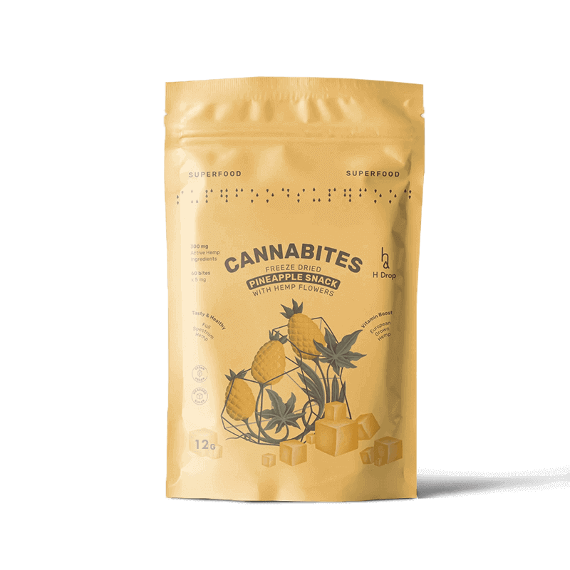 H DROP CANNABITES – Liofilizuoti Funkciniai Ananasų Kubeliai su Kanapių Žiedais H DROP CANNABITES – Liofilizuoti Funkciniai Ananasų Kubeliai su Kanapių Žiedais