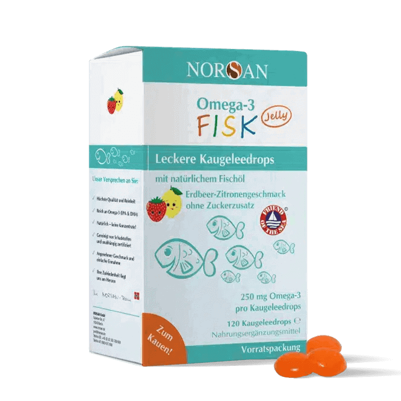 NORSAN, OMEGA-3 FISK JELLY, BRAŠKIŲ CITRINŲ SKONIO guminukai 120 NORSAN, OMEGA-3 FISK JELLY, BRAŠKIŲ CITRINŲ SKONIO guminukai